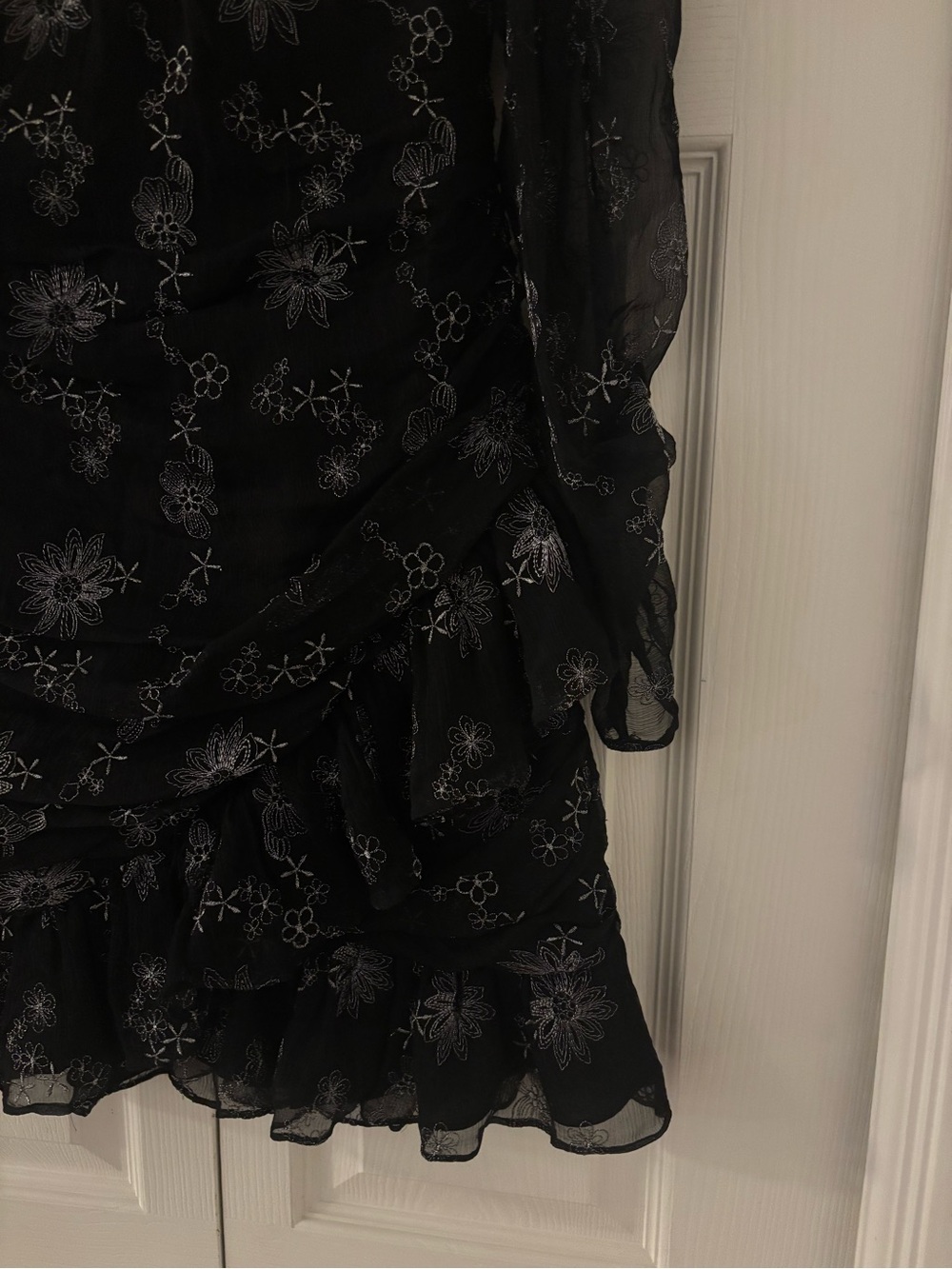 STEVIE MAY Black Long Sleeve Silver Floral Ruffle Ruched Mini Dress - Picture 11 of 15